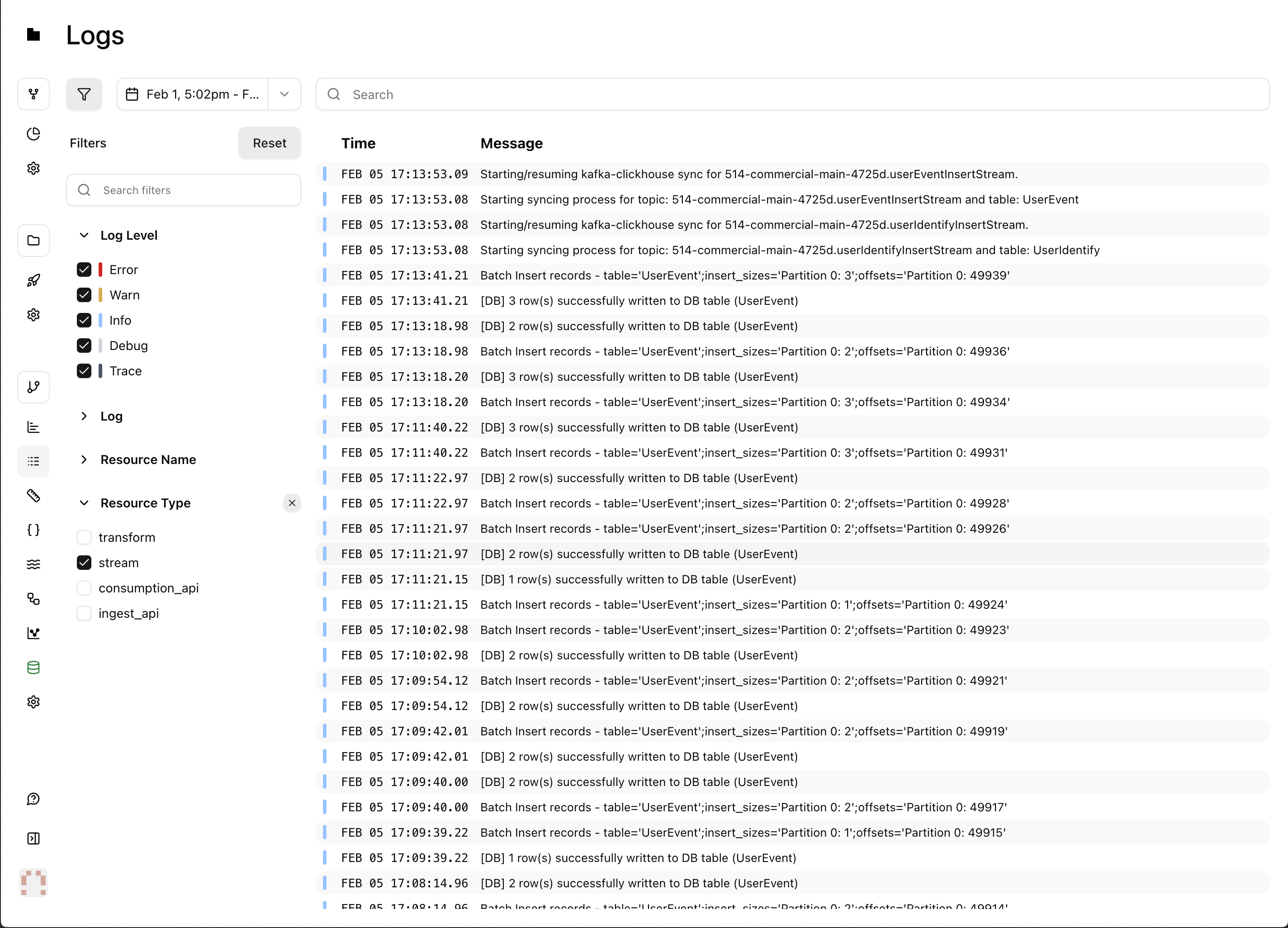 Live logs list view